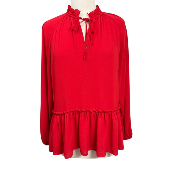 LOFT Tops - Loft Red Ruffle Hem Long Sleeve Blouse Women’s Medium